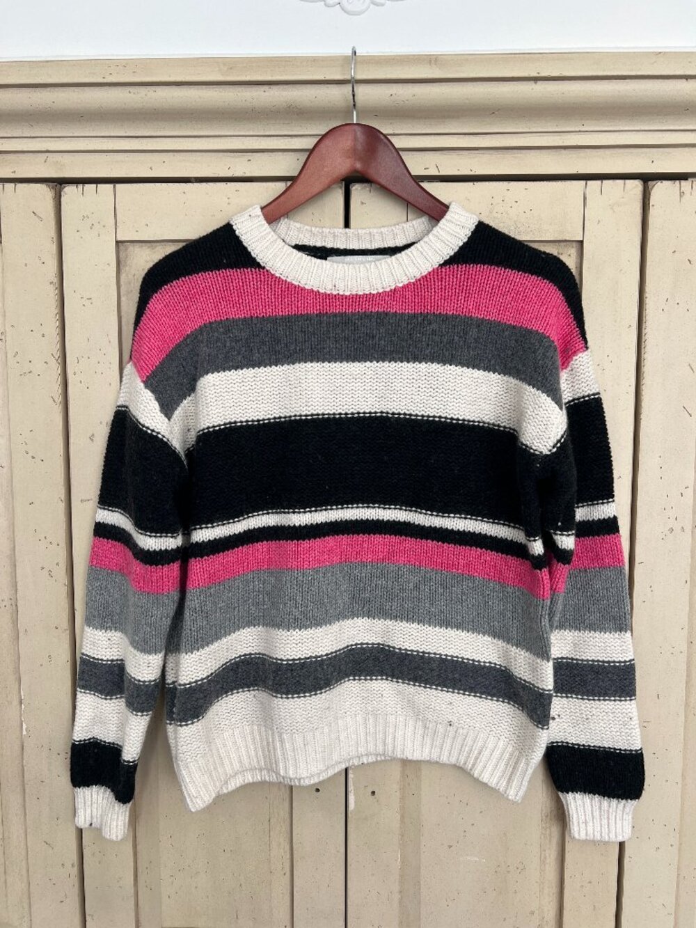 One Grey Day Los Angeles Chunky Striped Crewneck Sweater Pink Black Grey XS